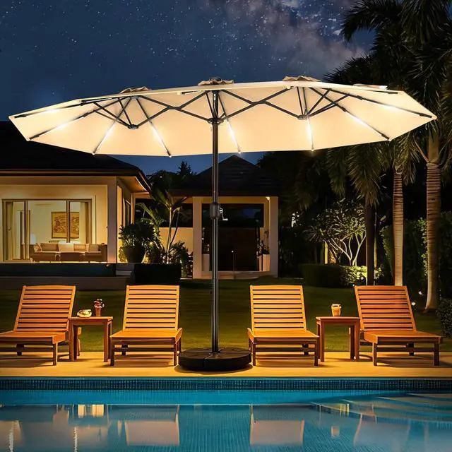 Alt view image 7 of 7 - 15FT Double Sided Rectangular Patio Umbrella with LED Light Bars and Base, Large Outdoor Sun Umbrella with Crank Open and Close for Patio, Lawn, Garden, Backyard,Beige