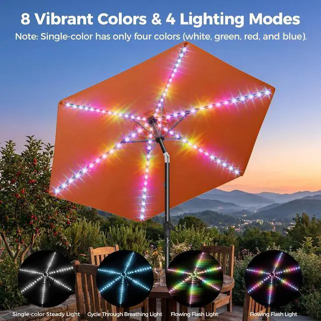 Alt view image 2 of 7 - 9ft Solar Patio Umbrella with Colorful LED Lights, 45° Tilt Adjustment Outdoor Umbrella for Garden, Backyard, Pool, Orange (Base not included)