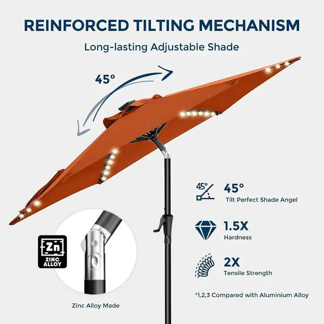 Alt view image 5 of 7 - 9ft Solar Patio Umbrella with Colorful LED Lights, 45° Tilt Adjustment Outdoor Umbrella for Garden, Backyard, Pool, Orange (Base not included)