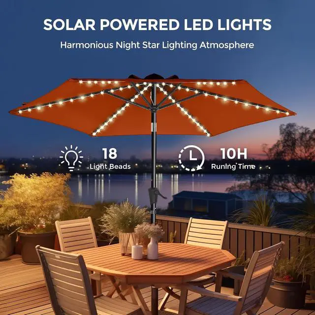 Alt view image 4 of 7 - 9ft Solar Patio Umbrella with Colorful LED Lights, 45° Tilt Adjustment Outdoor Umbrella for Garden, Backyard, Pool, Orange (Base not included)