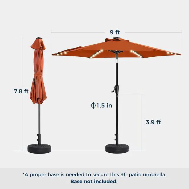 Alt view image 6 of 7 - 9ft Solar Patio Umbrella with Colorful LED Lights, 45° Tilt Adjustment Outdoor Umbrella for Garden, Backyard, Pool, Orange (Base not included)