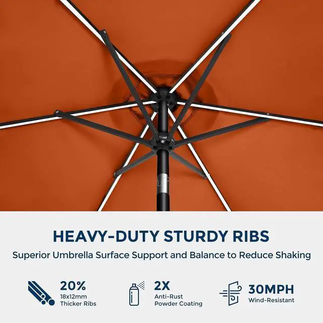 Alt view image 7 of 7 - 9ft Solar Patio Umbrella with Colorful LED Lights, 45° Tilt Adjustment Outdoor Umbrella for Garden, Backyard, Pool, Orange (Base not included)