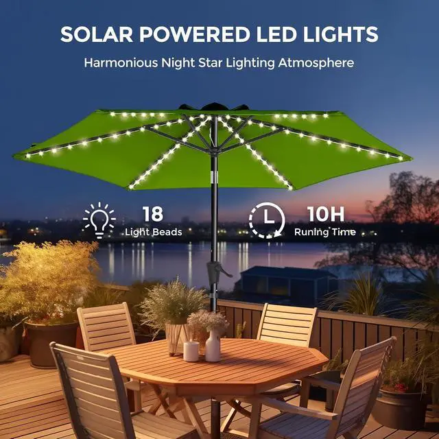 Alt view image 2 of 7 - 9ft Solar Patio Umbrella with Colorful LED Lights, 45° Tilt Adjustment Outdoor Umbrella for Garden, Backyard, Pool, Green (Base not included)