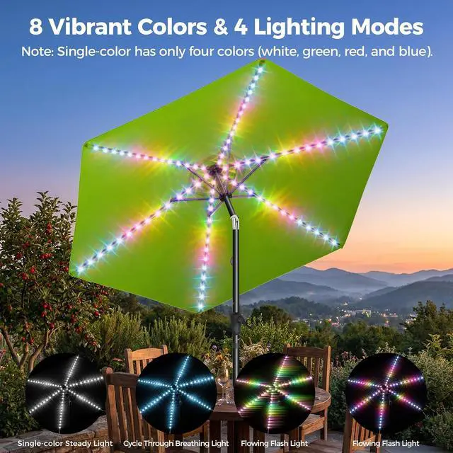 Alt view image 4 of 7 - 9ft Solar Patio Umbrella with Colorful LED Lights, 45° Tilt Adjustment Outdoor Umbrella for Garden, Backyard, Pool, Green (Base not included)