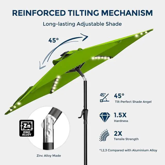 Alt view image 5 of 7 - 9ft Solar Patio Umbrella with Colorful LED Lights, 45° Tilt Adjustment Outdoor Umbrella for Garden, Backyard, Pool, Green (Base not included)