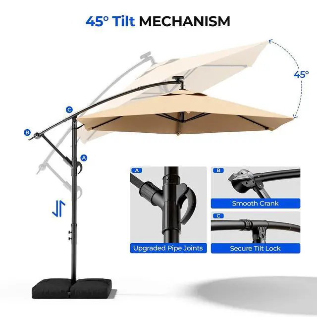 Alt view image 3 of 7 - 10FT Offset Patio Umbrella with Solar Lights, Outdoor Patio Umbrella with Base Included, Market Hanging Umbrellas for Pool, Deck, Garden, Patio (Beige)