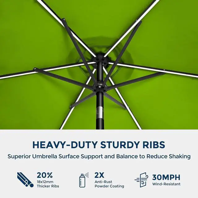 Alt view image 7 of 7 - 9ft Solar Patio Umbrella with Colorful LED Lights, 45° Tilt Adjustment Outdoor Umbrella for Garden, Backyard, Pool, Green (Base not included)
