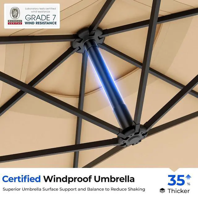 Alt view image 5 of 7 - 10FT Offset Patio Umbrella with Solar Lights, Outdoor Patio Umbrella with Base Included, Market Hanging Umbrellas for Pool, Deck, Garden, Patio (Beige)