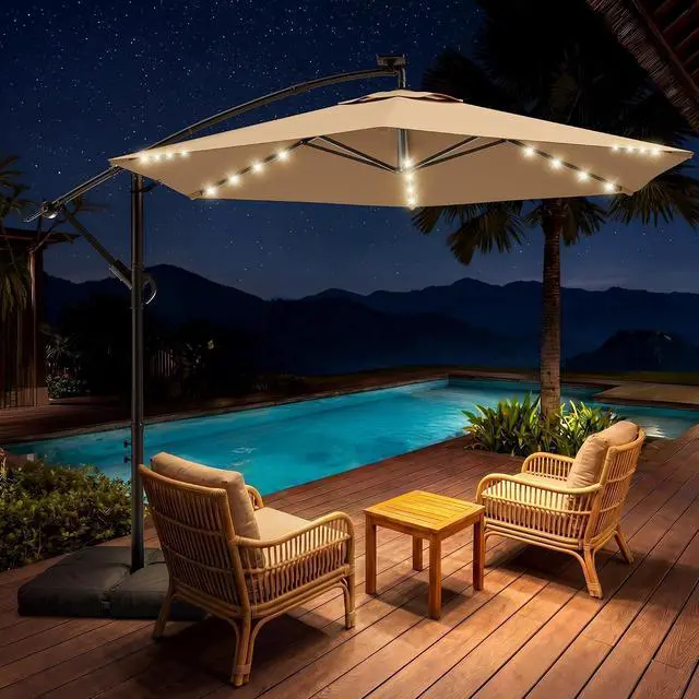 Alt view image 2 of 7 - 10FT Offset Patio Umbrella with Solar Lights, Outdoor Patio Umbrella with Base Included, Market Hanging Umbrellas for Pool, Deck, Garden, Patio (Beige)