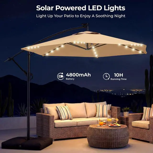 Alt view image 4 of 7 - 10FT Offset Patio Umbrella with Solar Lights, Outdoor Patio Umbrella with Base Included, Market Hanging Umbrellas for Pool, Deck, Garden, Patio (Beige)