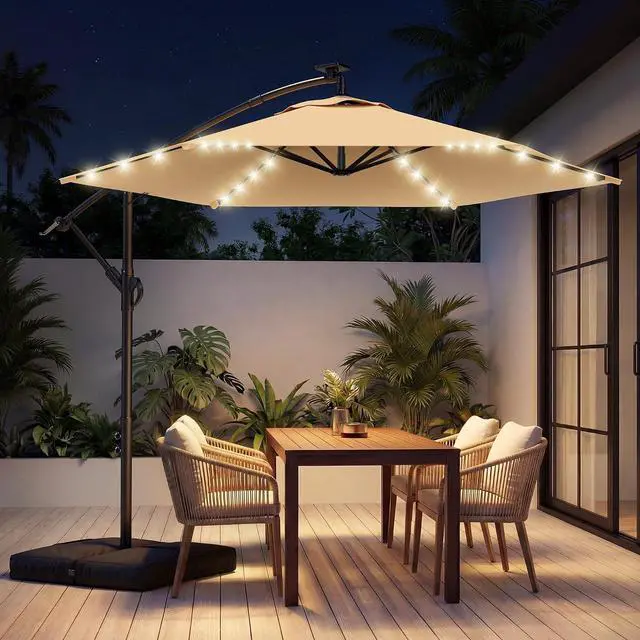 Main image of 10FT Offset Patio Umbrella with Solar Lights, Outdoor Patio Umbrella with Base Included, Market Hanging Umbrellas for Pool, Deck, Garden, Patio (Beige)