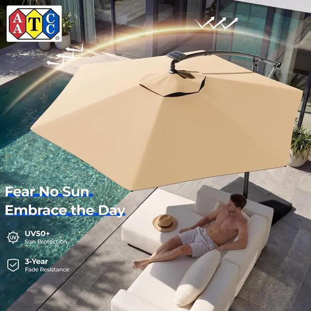 Alt view image 7 of 7 - 10FT Offset Patio Umbrella with Solar Lights, Outdoor Patio Umbrella with Base Included, Market Hanging Umbrellas for Pool, Deck, Garden, Patio (Beige)