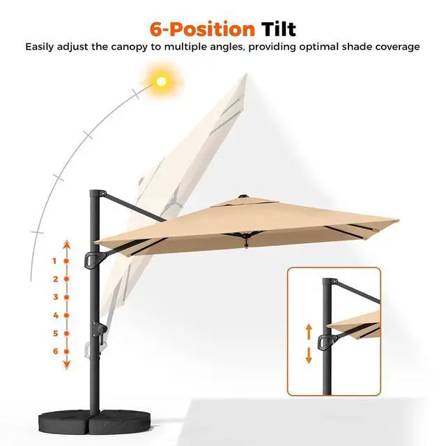 Alt view image 3 of 6 - 9x12 FT Cantilever Patio Umbrella with Base- Large Offset Heavy-Duty Aluminum Umbrella with 360° Rotation, 6 Tilts, Outdoor Umbrella for Pool Deck, Square, Beige