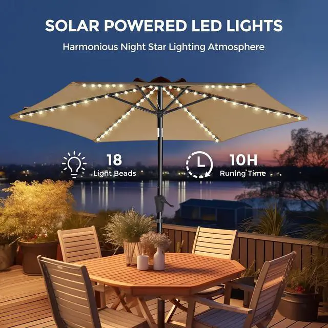 Alt view image 2 of 7 - 9ft Solar Patio Umbrella with Colorful LED Lights, 45° Tilt Adjustment Outdoor Umbrella for Garden, Backyard, Pool, Beige (Base not included)