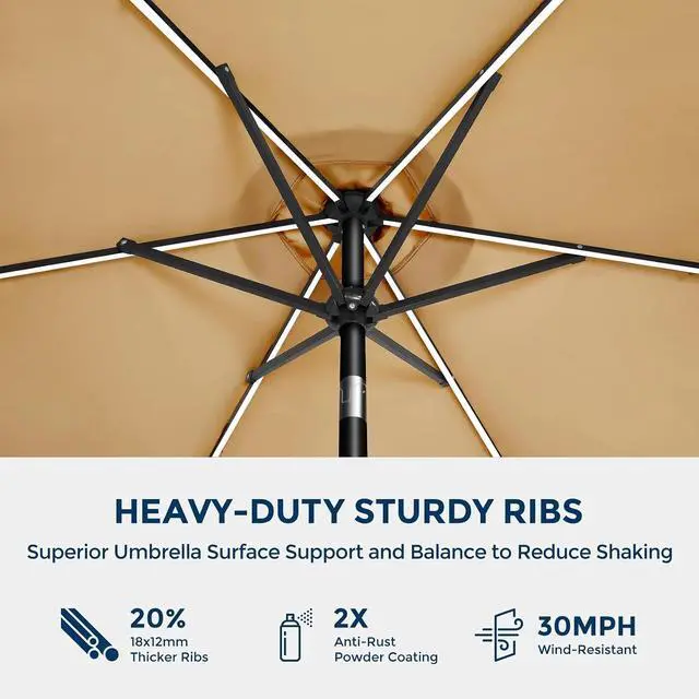 Alt view image 4 of 7 - 9ft Solar Patio Umbrella with Colorful LED Lights, 45° Tilt Adjustment Outdoor Umbrella for Garden, Backyard, Pool, Beige (Base not included)