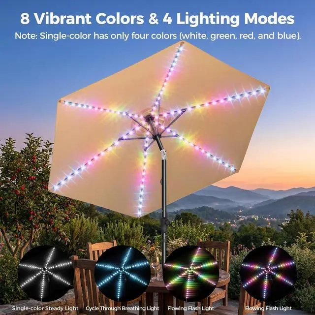 Alt view image 3 of 7 - 9ft Solar Patio Umbrella with Colorful LED Lights, 45° Tilt Adjustment Outdoor Umbrella for Garden, Backyard, Pool, Beige (Base not included)