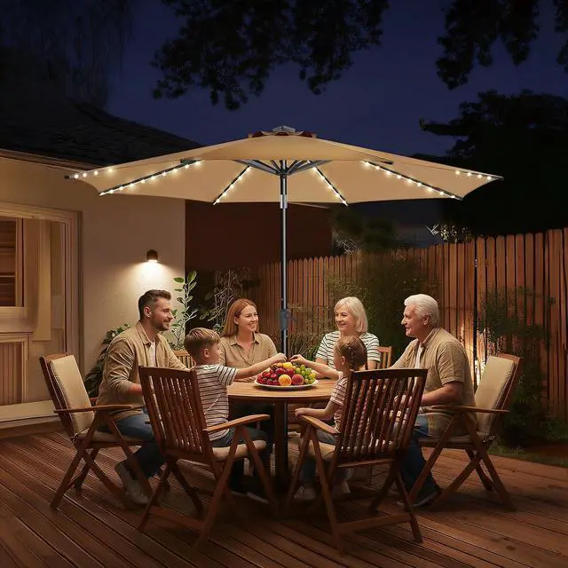 Alt view image 7 of 7 - 9ft Solar Patio Umbrella with Colorful LED Lights, 45° Tilt Adjustment Outdoor Umbrella for Garden, Backyard, Pool, Beige (Base not included)