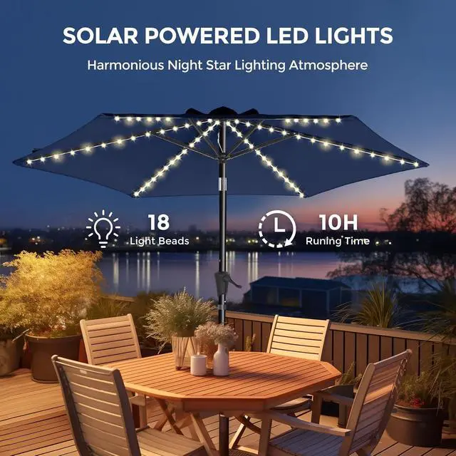 Alt view image 3 of 7 - 9ft Solar Patio Umbrella with Colorful LED Lights, 45° Tilt Adjustment Outdoor Umbrella for Garden, Backyard, Pool, Blue (Base not included)