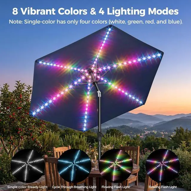 Alt view image 2 of 7 - 9ft Solar Patio Umbrella with Colorful LED Lights, 45° Tilt Adjustment Outdoor Umbrella for Garden, Backyard, Pool, Blue (Base not included)