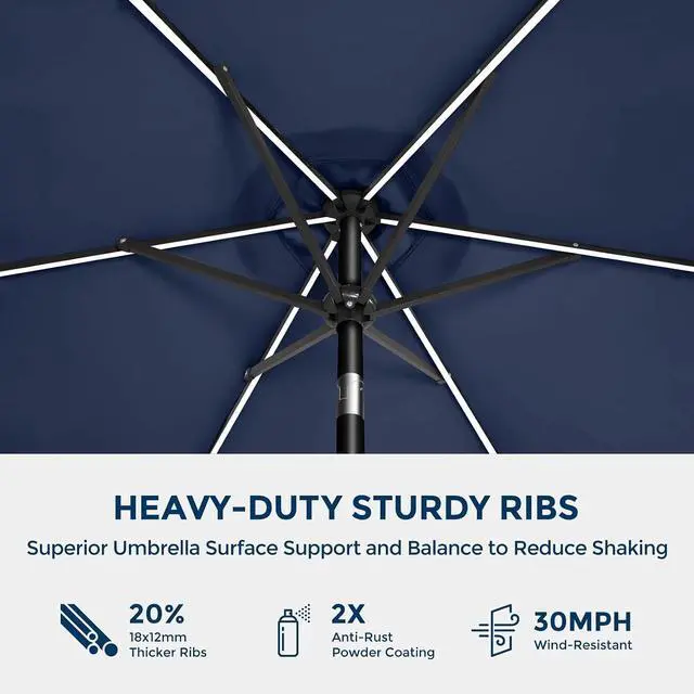 Alt view image 5 of 7 - 9ft Solar Patio Umbrella with Colorful LED Lights, 45° Tilt Adjustment Outdoor Umbrella for Garden, Backyard, Pool, Blue (Base not included)