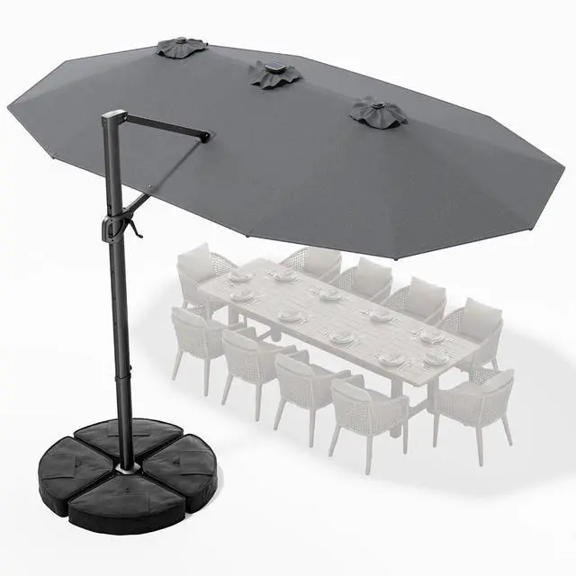 Main image of 15FT Cantilever Patio Umbrella with LED Lights, 360°Rotation Large Double Sided Rectangular Outdoor Umbrella for Garden, Backyard, Pool, Deck, Gray(with Base)