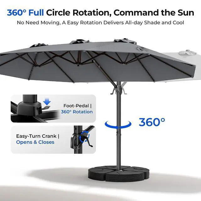 Alt view image 2 of 7 - 15FT Cantilever Patio Umbrella with LED Lights, 360°Rotation Large Double Sided Rectangular Outdoor Umbrella for Garden, Backyard, Pool, Deck, Gray(with Base)