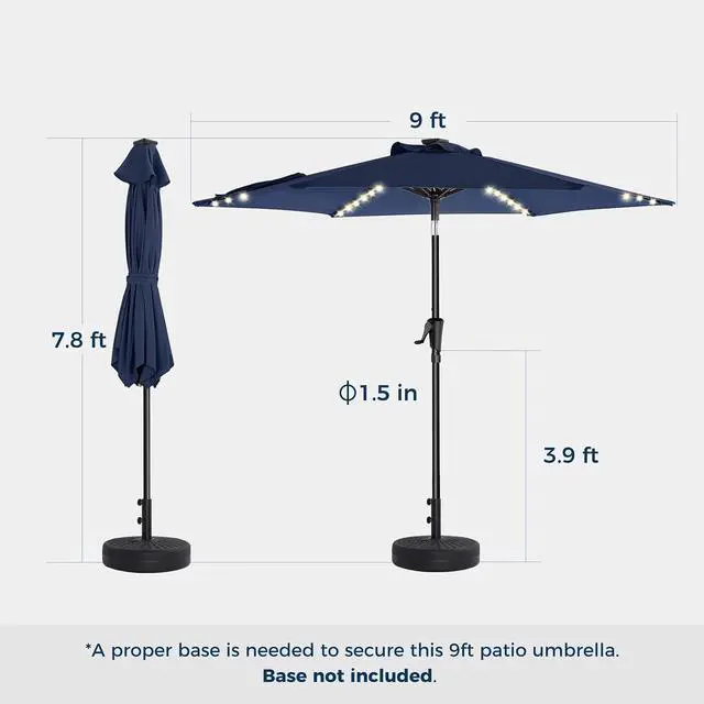Alt view image 7 of 7 - 9ft Solar Patio Umbrella with Colorful LED Lights, 45° Tilt Adjustment Outdoor Umbrella for Garden, Backyard, Pool, Blue (Base not included)