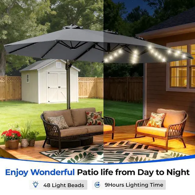 Alt view image 5 of 7 - 15FT Cantilever Patio Umbrella with LED Lights, 360°Rotation Large Double Sided Rectangular Outdoor Umbrella for Garden, Backyard, Pool, Deck, Gray(with Base)