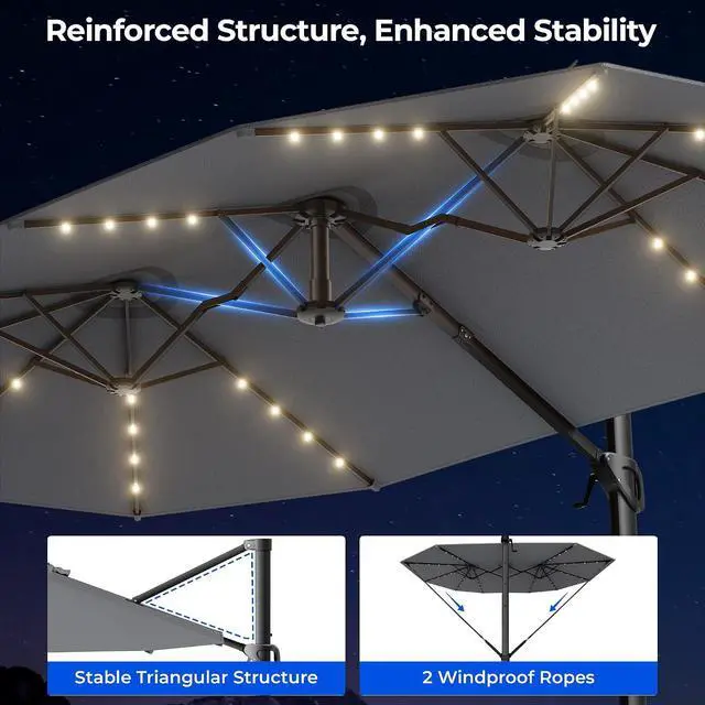 Alt view image 4 of 7 - 15FT Cantilever Patio Umbrella with LED Lights, 360°Rotation Large Double Sided Rectangular Outdoor Umbrella for Garden, Backyard, Pool, Deck, Gray(with Base)