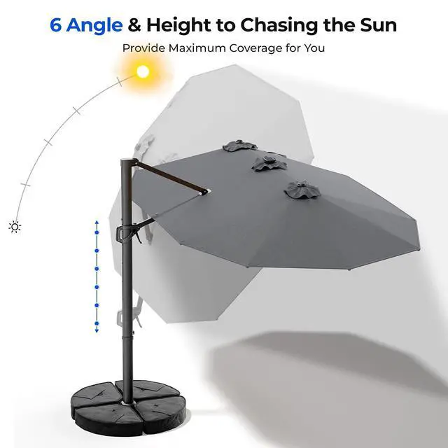 Alt view image 3 of 7 - 15FT Cantilever Patio Umbrella with LED Lights, 360°Rotation Large Double Sided Rectangular Outdoor Umbrella for Garden, Backyard, Pool, Deck, Gray(with Base)
