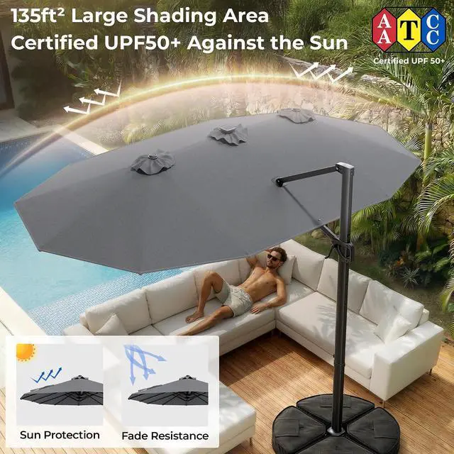 Alt view image 6 of 7 - 15FT Cantilever Patio Umbrella with LED Lights, 360°Rotation Large Double Sided Rectangular Outdoor Umbrella for Garden, Backyard, Pool, Deck, Gray(with Base)