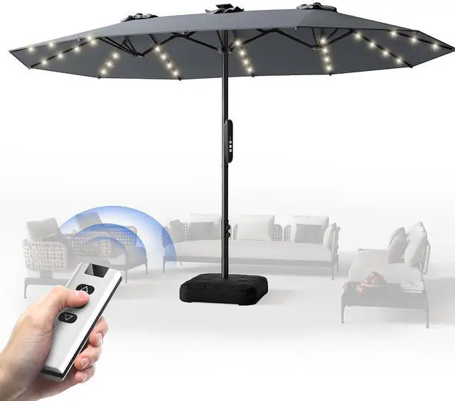 Main image of 15ft Smart Electric Patio Umbrella, Large Double Sided Rectangular Outdoor Patio Umbrella with Light and Base for Lawn, Garden, Backyard,Gray