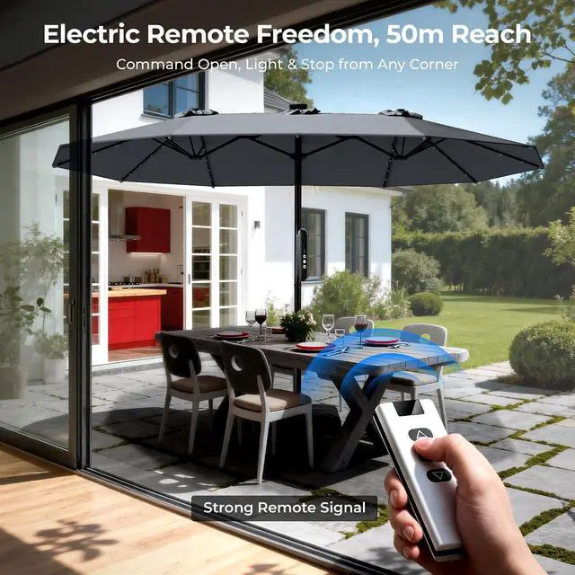 Alt view image 4 of 7 - 15ft Smart Electric Patio Umbrella, Large Double Sided Rectangular Outdoor Patio Umbrella with Light and Base for Lawn, Garden, Backyard,Gray