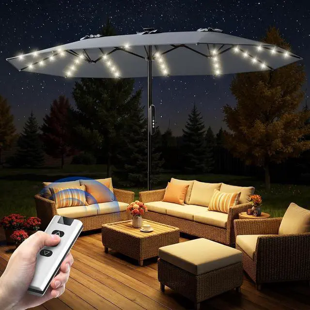 Alt view image 5 of 7 - 15ft Smart Electric Patio Umbrella, Large Double Sided Rectangular Outdoor Patio Umbrella with Light and Base for Lawn, Garden, Backyard,Gray
