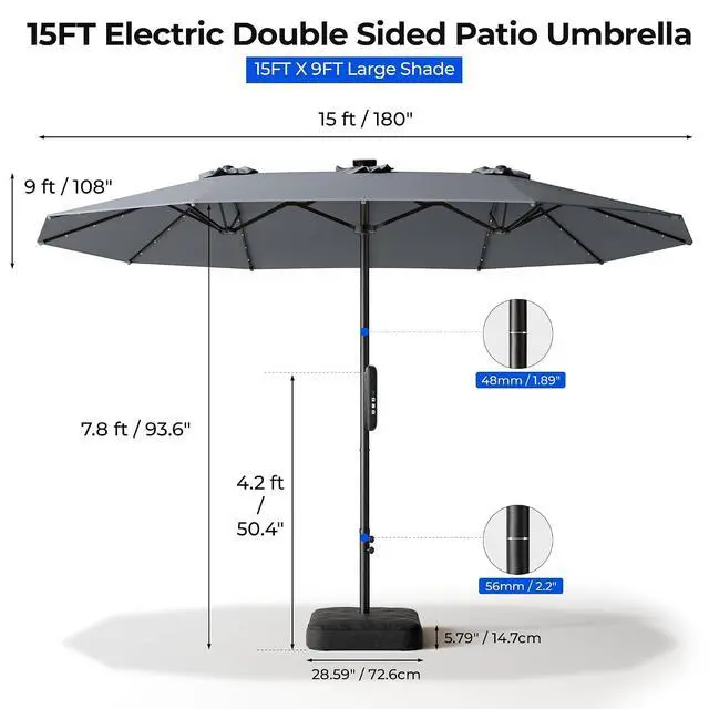 Alt view image 6 of 7 - 15ft Smart Electric Patio Umbrella, Large Double Sided Rectangular Outdoor Patio Umbrella with Light and Base for Lawn, Garden, Backyard,Gray