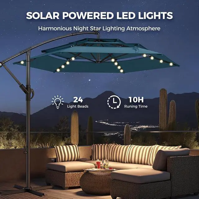 Alt view image 2 of 7 - 10ft 3-Tiered Cantilever Patio Umbrella Solar LED Lighted, Hanging Offset Market Outdoor Sun Shade for Beach, Backyard, Deck, Poolside, Blue