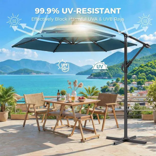Alt view image 3 of 7 - 10ft 3-Tiered Cantilever Patio Umbrella Solar LED Lighted, Hanging Offset Market Outdoor Sun Shade for Beach, Backyard, Deck, Poolside, Blue