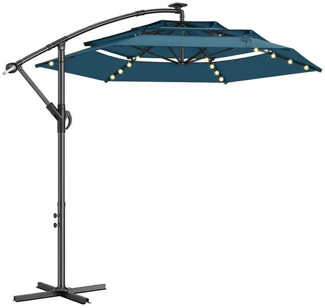 Main image of 10ft 3-Tiered Cantilever Patio Umbrella Solar LED Lighted, Hanging Offset Market Outdoor Sun Shade for Beach, Backyard, Deck, Poolside, Blue