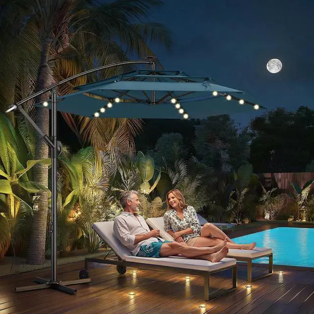 Alt view image 4 of 7 - 10ft 3-Tiered Cantilever Patio Umbrella Solar LED Lighted, Hanging Offset Market Outdoor Sun Shade for Beach, Backyard, Deck, Poolside, Blue