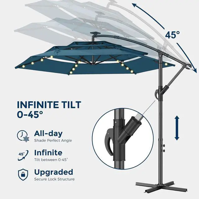 Alt view image 5 of 7 - 10ft 3-Tiered Cantilever Patio Umbrella Solar LED Lighted, Hanging Offset Market Outdoor Sun Shade for Beach, Backyard, Deck, Poolside, Blue