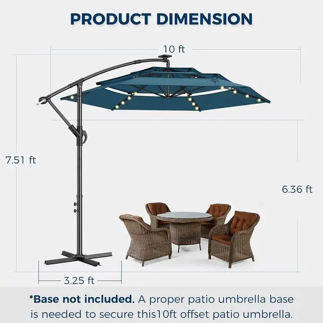Alt view image 6 of 7 - 10ft 3-Tiered Cantilever Patio Umbrella Solar LED Lighted, Hanging Offset Market Outdoor Sun Shade for Beach, Backyard, Deck, Poolside, Blue