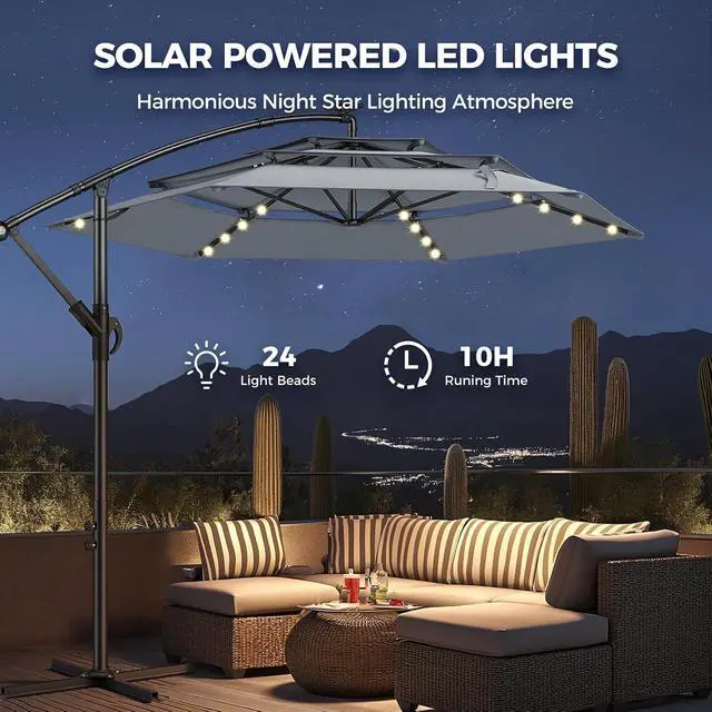 Alt view image 2 of 7 - 10ft 3-Tiered Cantilever Patio Umbrella Solar LED Lighted, Hanging Offset Market Outdoor Sun Shade for Beach, Backyard, Deck, Poolside, Gray