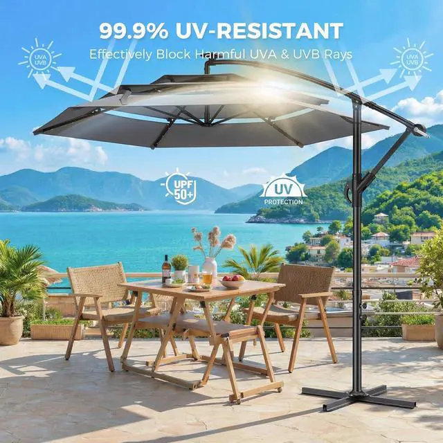 Alt view image 3 of 7 - 10ft 3-Tiered Cantilever Patio Umbrella Solar LED Lighted, Hanging Offset Market Outdoor Sun Shade for Beach, Backyard, Deck, Poolside, Gray