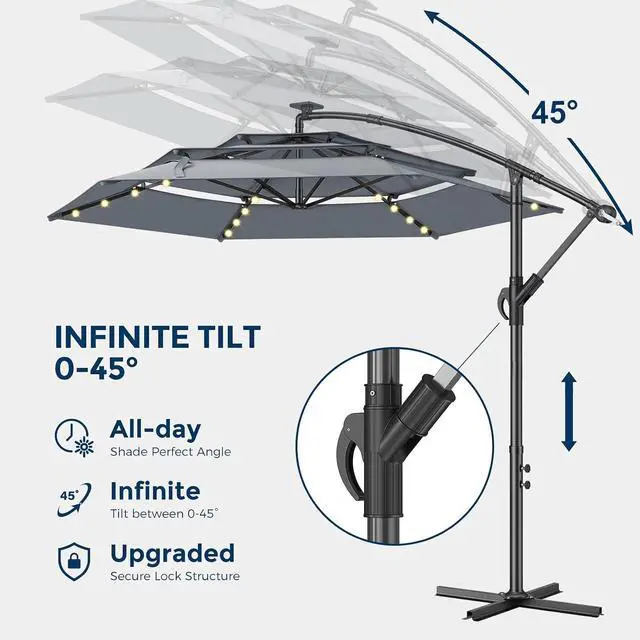 Alt view image 4 of 7 - 10ft 3-Tiered Cantilever Patio Umbrella Solar LED Lighted, Hanging Offset Market Outdoor Sun Shade for Beach, Backyard, Deck, Poolside, Gray