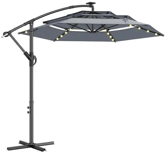 Main image of 10ft 3-Tiered Cantilever Patio Umbrella Solar LED Lighted, Hanging Offset Market Outdoor Sun Shade for Beach, Backyard, Deck, Poolside, Gray