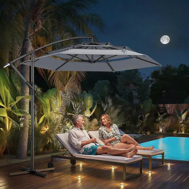 Alt view image 7 of 7 - 10ft 3-Tiered Cantilever Patio Umbrella Solar LED Lighted, Hanging Offset Market Outdoor Sun Shade for Beach, Backyard, Deck, Poolside, Gray