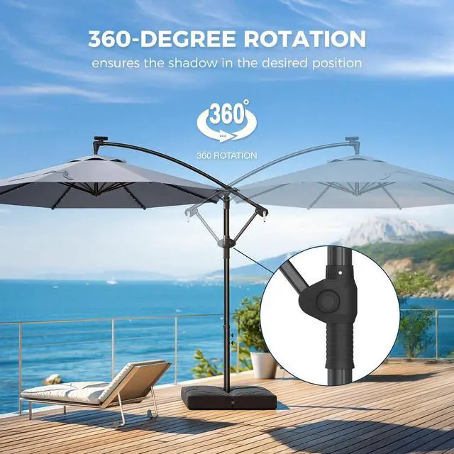 Alt view image 3 of 7 - 10ft Cantilever Hanging Outdoor Umbrella (Includes Base), 360-Degree Rotation Patio Umbrella for Backyard, Deck, Poolside and Garden, Gray