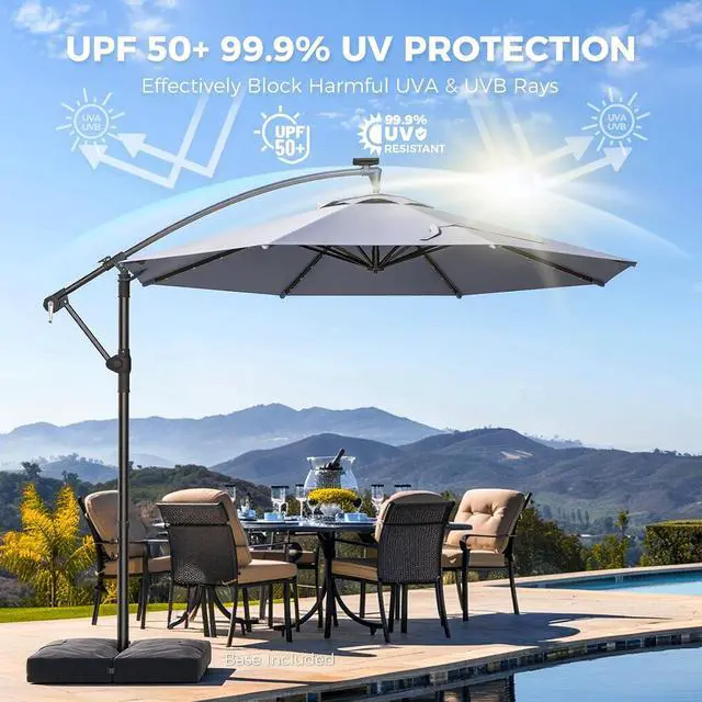 Alt view image 5 of 7 - 10ft Cantilever Hanging Outdoor Umbrella (Includes Base), 360-Degree Rotation Patio Umbrella for Backyard, Deck, Poolside and Garden, Gray