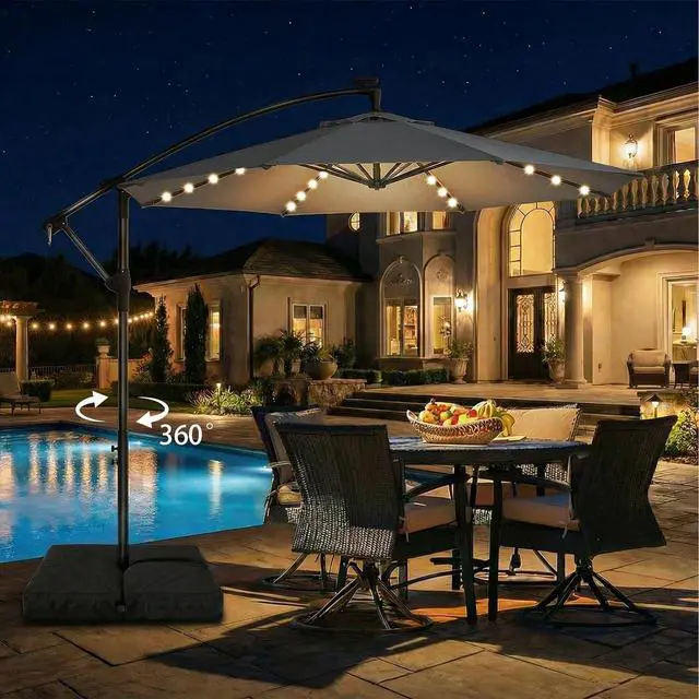 Alt view image 4 of 7 - 10ft Cantilever Hanging Outdoor Umbrella (Includes Base), 360-Degree Rotation Patio Umbrella for Backyard, Deck, Poolside and Garden, Gray