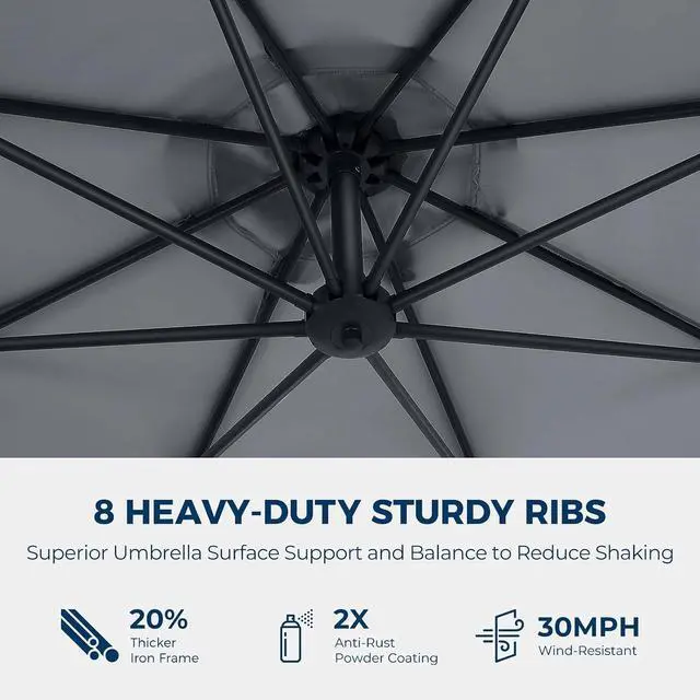 Alt view image 6 of 7 - 10ft Cantilever Hanging Outdoor Umbrella (Includes Base), 360-Degree Rotation Patio Umbrella for Backyard, Deck, Poolside and Garden, Gray